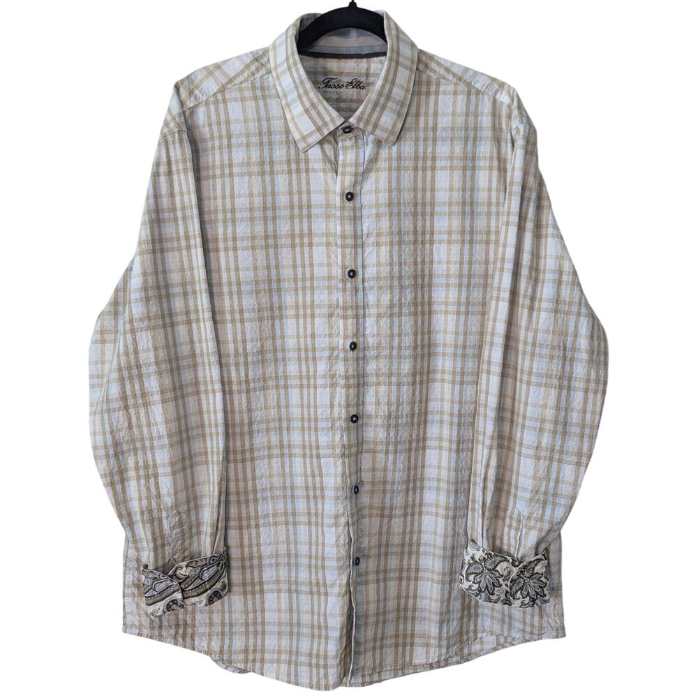 Tasso Elba Cream Blue Plaid Textured Paisley Cuff Long Sleeve Button Down XL